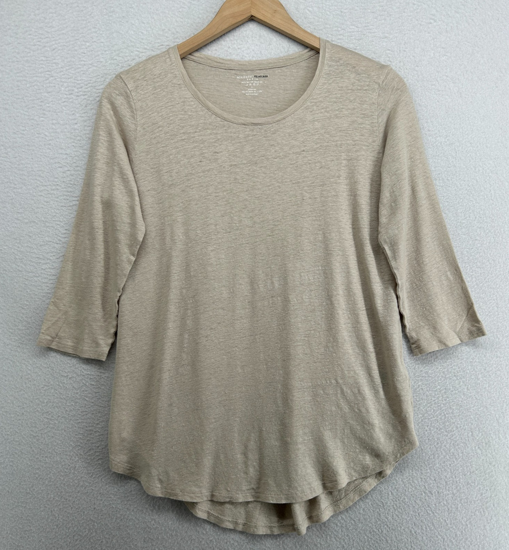 MAJESTIC FILATURES Top Womens 2 S Slub Linen Jersey Crewneck 3/4 Sleeve Beige